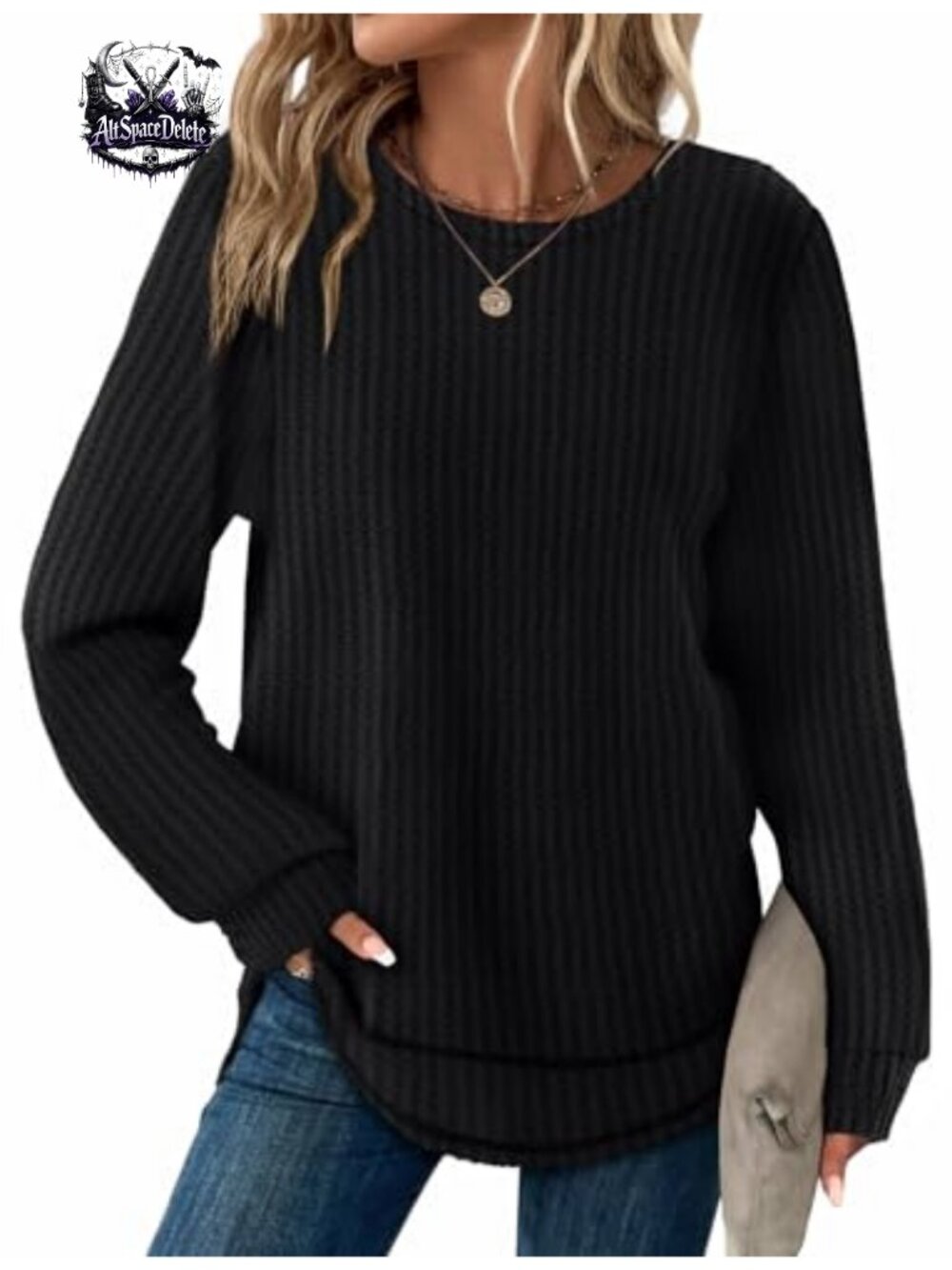 Waffle Knit Tunic Top Long Sleeve Curved Hem Crewneck Fall Shirt